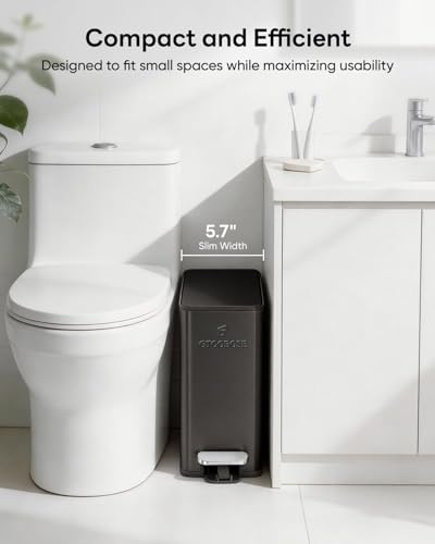GTOOBOSE 10L/2.6G Slim Bathroom Trash Can, Narrow Stainless Steel Soft-Close Step Pedal Bin with Lid, Odor Control Carbon Box, Removable Inner Bucket, Small Waste Bin for Bedroom, Office, RV (Gray)