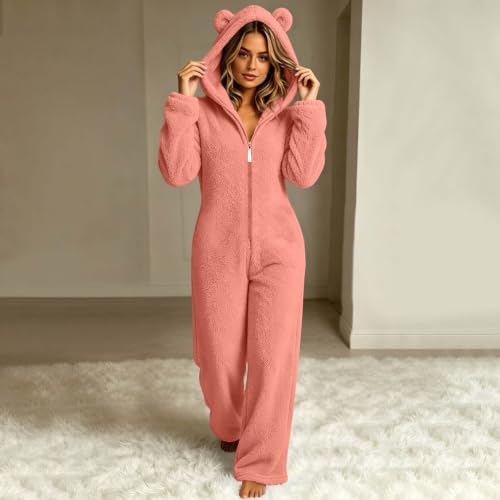 Womens Onesie Fleece Zip Up Cuffs Hooded Loose Cute Bear Pajamas | Long Sleeve Soft Fuzzy Jumpsuit,Casual Lounge One Piece Sherpa Sleepwear,Adult Onesie Party Funny Pjs,Fall Winter Loungewear