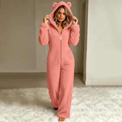 Womens Onesie Fleece Zip Up Cuffs Hooded Loose Cute Bear Pajamas | Long Sleeve Soft Fuzzy Jumpsuit,Casual Lounge One Piece Sherpa Sleepwear,Adult Onesie Party Funny Pjs,Fall Winter Loungewear