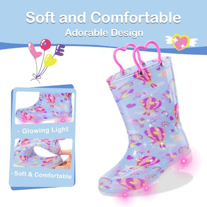 Kids Light Up Rain Boots for Girls, Hot Air Balloon, Big Kid Size 1