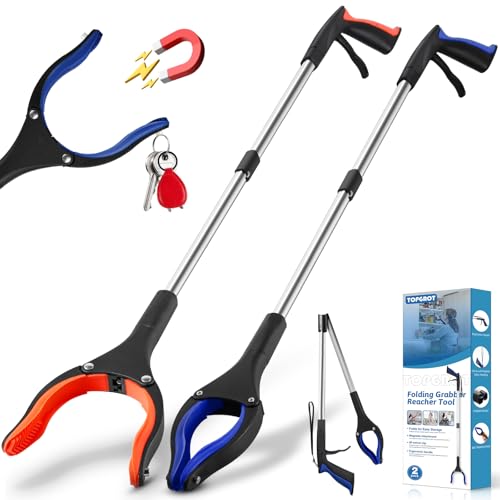 TOPGROT 32” Grabber Reacher Tool, 2-Pack Foldable Reacher Grabber Pickup Tool with 90° Rotating Jaw & Magnets, Trash Picker Upper Grabber, Lightweight Grabbers for Seniors Heavy Duty
