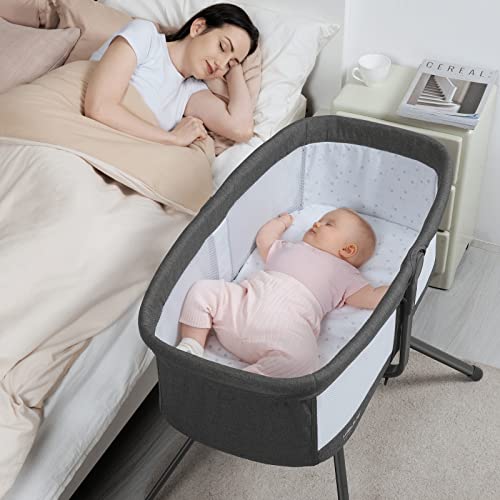 ANGELBLISS 3 in 1 Rocking Bassinet & Baby Portable Travel Bedside Crib, Side to Side Manual Rocking Motion Bassinet, Mattress Included (Black)