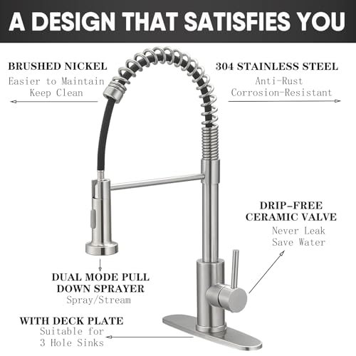 GIFTQOOL Brushed Nickel Kitchen Faucet with Pull Down Sprayer, Commercial Stainless Steel Kitchen Sink Faucets Single Handle Tap 1 Hole Modern RV Faucets