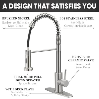 GIFTQOOL Brushed Nickel Kitchen Faucet with Pull Down Sprayer, Commercial Stainless Steel Kitchen Sink Faucets Single Handle Tap 1 Hole Modern RV Faucets