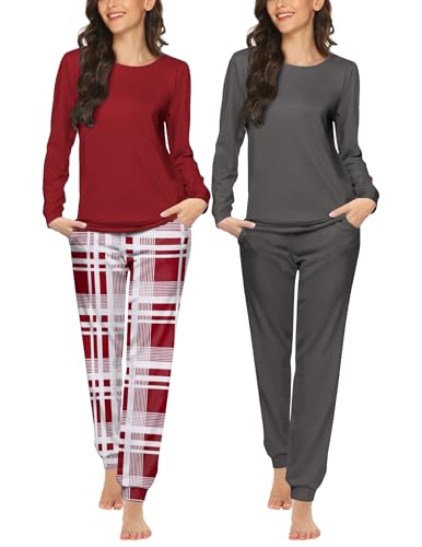 Ekouaer 2 Pack Women's Pajama Set Long Sleeve Top with Jogger Pants Lounge Sets Sleepwear Loungewear with Pockets Black&red White Plaid Small