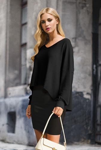 IWOLLENCE Sweatshirts for Women Oversized V Neck Casual Tops for Women Waffle Knitted Womens Tunic Tops Black