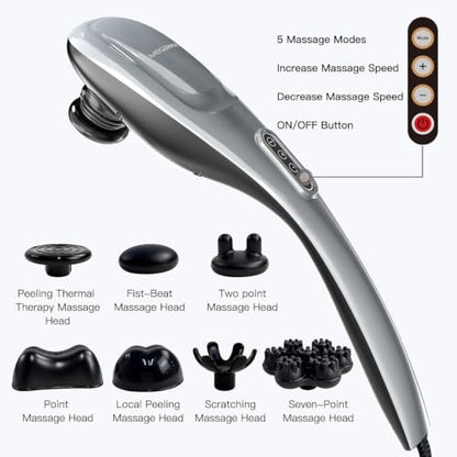 MEGAWISE Handheld Back Massager | Deep Tissue Percussion Massage for Back, Neck, Shoulders, Waist and Legs with 6ft Power Cord, Ergonomic Handle (Silver Grey)