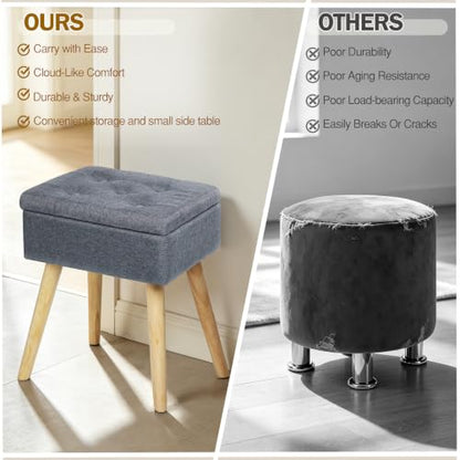 Vanity Stool with Storage, Vanity Chair with Solid Wood Legs, Grey