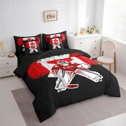 Feelyou Kids Ice Hockey Comforter Set 7 Pieces Twin Size Canada Flag Bedding Set for Boys Girls Winter Sports Hobby Bed in a Bag with Comforter, Sheets, Pillowcases & Cushion Covers