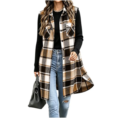 Manteau Automne Femme, Womens Long Plaid Vest Fall Jackets Flannel Khaki