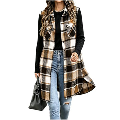 Manteau Automne Femme, Womens Long Plaid Vest Fall Jackets Flannel Khaki