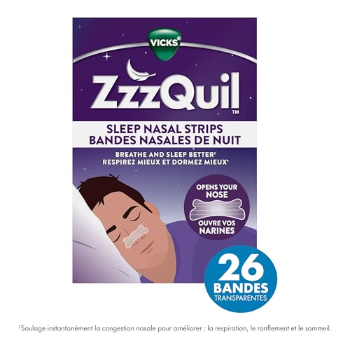 Vicks ZzzQuil Nasal Strips, Clear Nasal Strips, Relieves Nighttime Nasal Congestion, Contoured, Reduces Nasal Congestion For Less Snoring and Better Sleep, 26 Count