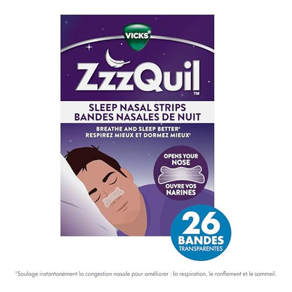 Vicks ZzzQuil Nasal Strips, Clear Nasal Strips, Relieves Nighttime Nasal Congestion, Contoured, Reduces Nasal Congestion For Less Snoring and Better Sleep, 26 Count