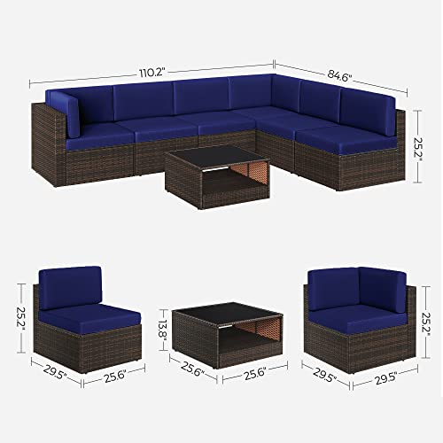 SONGMICS 7-Piece Patio Furniture Set, Outdoor Sectional Sofa Couch, Patio Conversation Set, Brown and Navy Blue UGGF015I01
