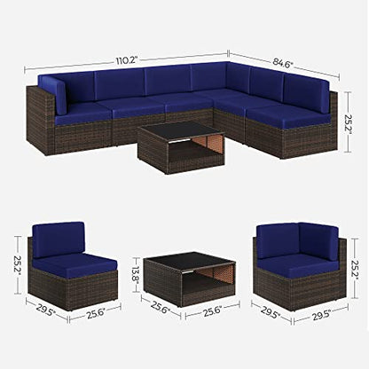 SONGMICS 7-Piece Patio Furniture Set, Outdoor Sectional Sofa Couch, Patio Conversation Set, Brown and Navy Blue UGGF015I01