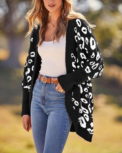 BTFBM Cardigan for Women Leopard Long Sleeve Open Front Cardigans Sweaters Pockets Loose Knit 2026 Spring Outfits(Black, Small)