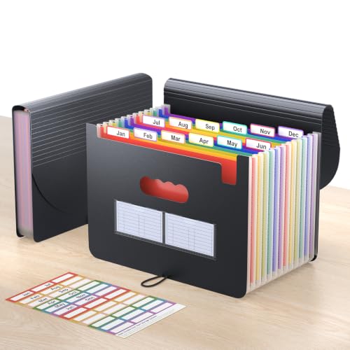 ThinkTex 12-Pocket Accordion File Organizer, Expanding File Folders | for Paper Receipts, Bills&Taxes Organizer, Letter/A4 Size Document Holder for School, Office, Home with Colorful tabs- Black