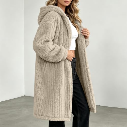 Generic Veste Polaire Femme, Women Warm Open Front Hooded Sherpa Jacket