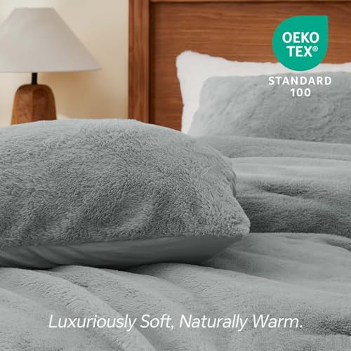 BEDELITE Faux Fur Queen Comforter Set Light Grey,Fluffy Bedding,2 Pillowcases