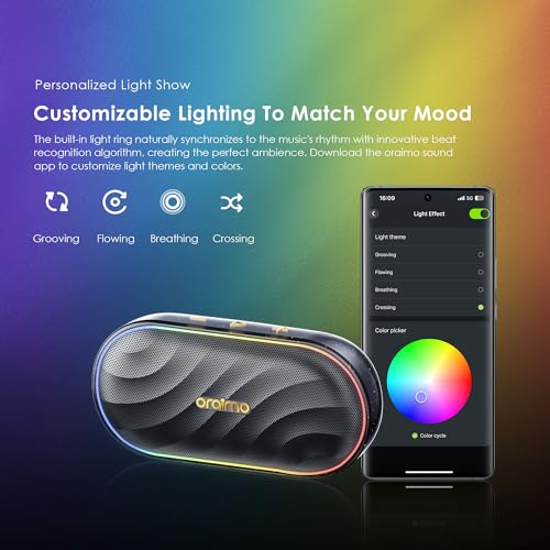 Oraimo SpaceBox Portable Bluetooth Speaker, Speaker Bluetooth Wireless with Light Effects, Heavy Bass, App Control, Built-in Mic, TF Card Support, FM Radio, Bluetooth Speaker for Home, Party, Black