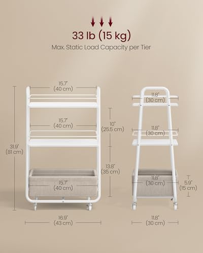 VASAGLE LILEA Collection - Storage Cart with Fabric Basket, 3-Tier Rolling Utility Cart with Wheels and Shelves, for Living Room Bedroom Kitchen, Cloud White and Camel Brown ULRC001WB01