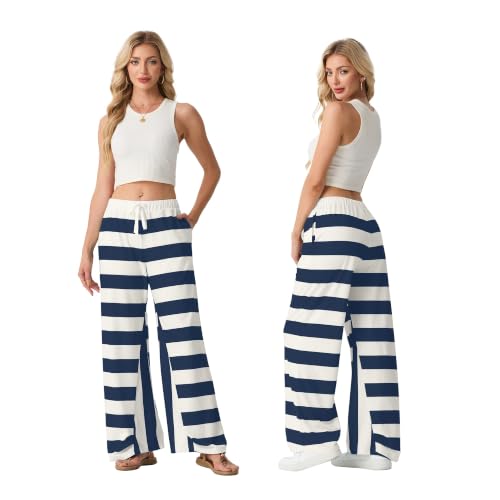 Qixing Women Striped Wide Leg Pants Beach Travel Wear with Pockets
