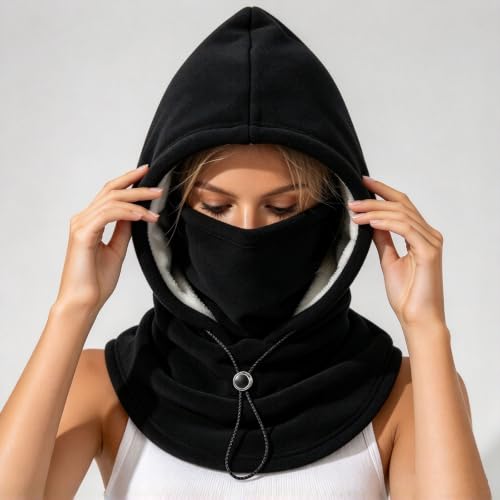 One-Piece Polar Fleece Warm Mask Hat, 3 In 1 Thermal Winter Cap | Sherpa Double Layer Integrated Hat Windproof Cycling Motorcycle Balaclava With Adjustable Drawstring Warm Face Covering