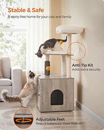 Feandrea Cat Tree with Litter Box Enclosure, 2-in-1 Modern Cat Tower for Indoor Cats, 52.8-Inch Cat Condo with Self Groomer, Scratching Posts, Washable Cushions, Greige UPCT115G01