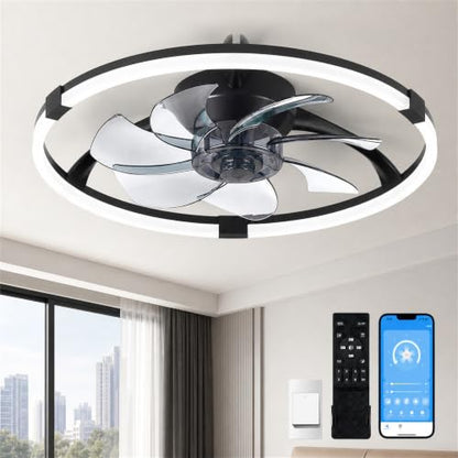 Lujeet Ceiling Fans with Lights Low Profile 19.7 Inch, Flush Mount LED Ceiling Fan with Remote and APP, 3840LM, 3CCT Dimmable, 6 Speeds, Reversible for Bedroom, Living Room and Family Homes Black