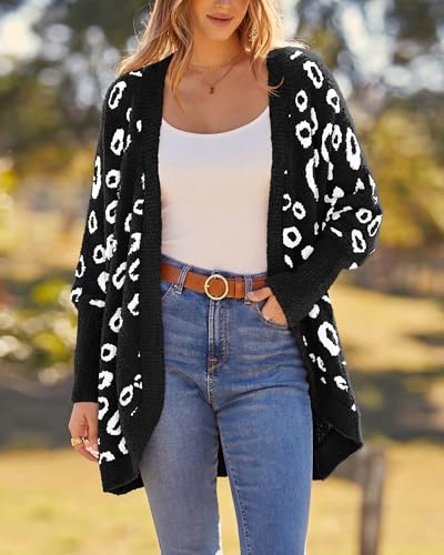 BTFBM Cardigan for Women Leopard Long Sleeve Open Front Cardigans Sweaters Pockets Loose Knit 2026 Spring Outfits(Black, Small)