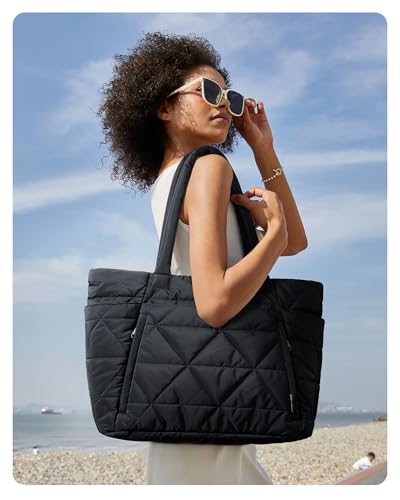 BAGSMART Puffer Tote Bag for Women, Quilted Work Bag with Zipper, Shoulder Bag for Travel Gym Commute with Compartments, Black