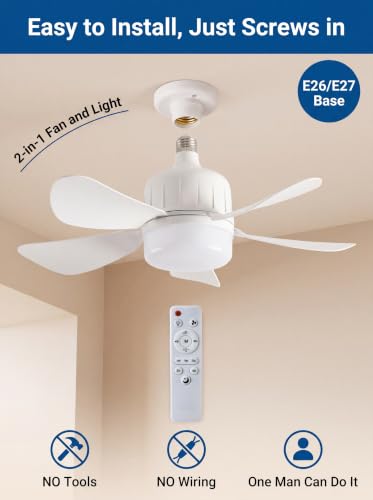 17.71 inch Socket Fan Light Ceiling Fan with Lights, Remote Control, LED Light Bulb E26 Base, Plug Screw in Ceiling Fan in Light Socket for Bedroom, Kitchen, Living Room, Balcony(white)