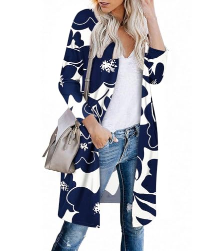 AUSELILY Sweater for Women Plus Size Long Cardigans(White Navy Flower-L) | Open Front Cardigans,V-Neck Women Sweater with Pocktes,Lightweight Sweater Coat,Office,Work,Winter