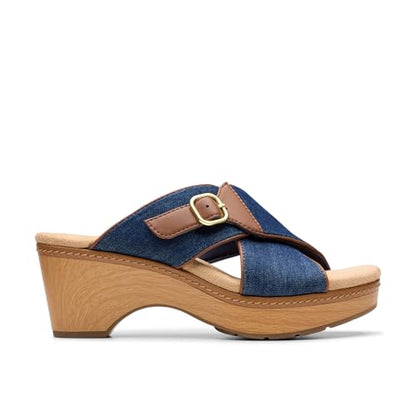 Clarks Collection Women's Seannah Nora Wedge Sandal, Dark Denim Textile, 8 Medium US