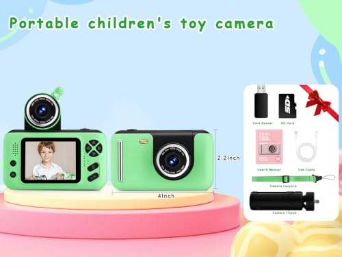 Kids Camera for Boys and Girls HD Selfie Digital Camera for 3-12 Year Old Kids with Tripod & SD Card, Perfect for Christmas & Birthday Gifts Best Festival Gift(Green)
