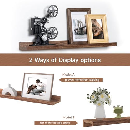Fun Memories Picture Ledge Shelf, 24 Inch Floating Shelves Set of 2, Nursery Book Shelves for Toys Storage, Kids Bookshelf Wall Mounted for Wall Decor Books Photo Frames, Walnut