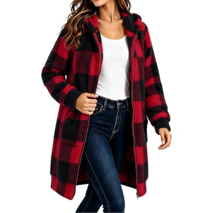 Plaid Sherpa Jacket Women Hooded Zip up Fall Coats Mid Long Outwear