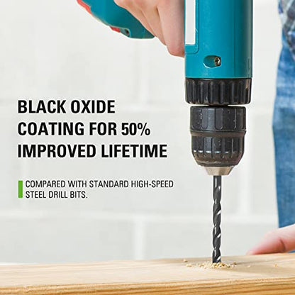 Greenworks 21 Pcs Black Oxide Drilling Bit Set,135 Degree Split Point, Black Oxide Coated, for Plastic, Wood and Metal