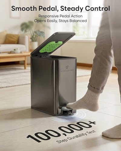 GTOOBOSE 10L/2.6G Slim Bathroom Trash Can, Narrow Stainless Steel Soft-Close Step Pedal Bin with Lid, Odor Control Carbon Box, Removable Inner Bucket, Small Waste Bin for Bedroom, Office, RV (Gray)