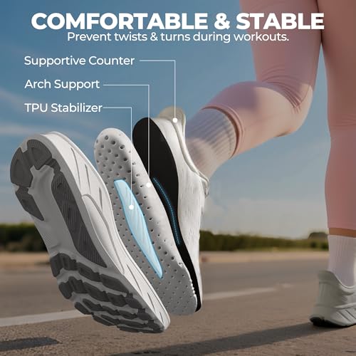 ALLSWIFIT Women's Slip On Stability Running Walking Shoe,White,7.5 | Hands-Free,Non-Slip,Arch Support Cushion,Comfortable,Breathable,Lightweight,Athletic,Gym,Workout,Sport,Sneaker,Wider Outsole