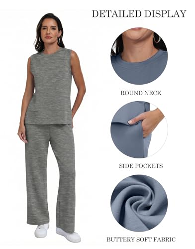 PrinStory 2 Piece Set for Women Summer vacation Airport Outfits Lounge Sets Sleeveless Top Wide Leg Pants S-2XL