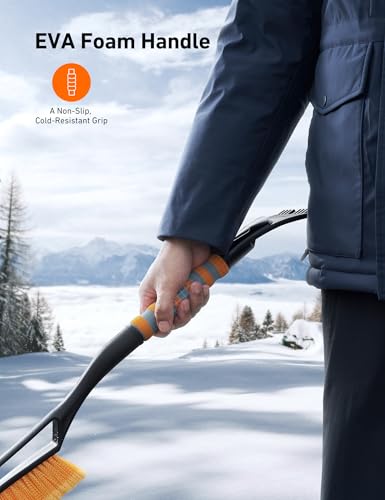 AstroAI 27" Snow Brush & Ice Scraper for Car Windshield Snow Remove, 2 Pack | Orange, Durable Heavy Duty Bristles, Scratch-Free, Detachable, Foam Grip, Winter Accessory for Car, SUV, Truck, Storage Bag