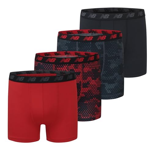 New Balance Boys' 3.5" Underwear, Performance Boxer Briefs (4 Pack), Magnet Print/Team Red/Black/Team Red Print, X-Large