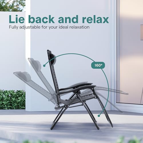 SereneLife 3 PCS Lounge Chair Set, Zero Gravity Reclining Outdoor Lounge Chairs with Side Table, Adjustable Patio Beach Chairs with Removable Headrest, Black