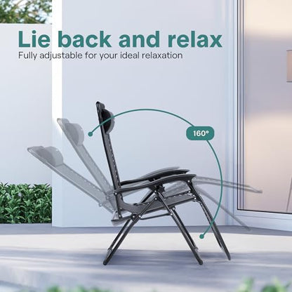 SereneLife 3 PCS Lounge Chair Set, Zero Gravity Reclining Outdoor Lounge Chairs with Side Table, Adjustable Patio Beach Chairs with Removable Headrest, Black