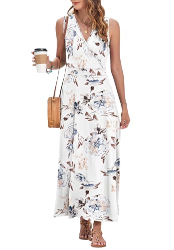 WNEEDU Wedding Guest Dresses for Women Maxi Empire Waist Flowy Summer Dress, Floral White XL