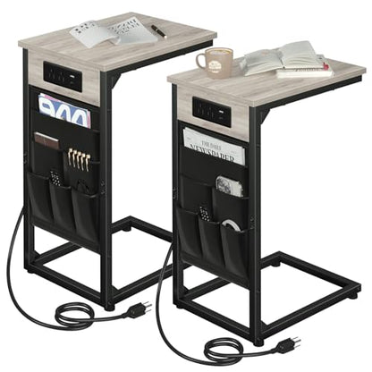 AMHANCIBLE C Shaped Side Table, with Charging Station, TV Tray Set of 2