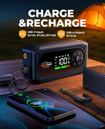 YaberAuto Jump Starter with Air Compressor,5000A Car Battery Booster Jump Starter with 150PSI Tire Inflator, 12V Car Booster Pack (All Gas/9L Diesel),Safety Jump Cable,18W Fast Charge,800 Lumen Light