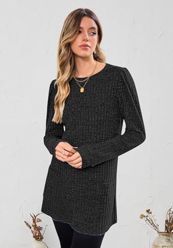 WNEEDU Long Sleeve Shirts for Women Tunic Tops Sweaters Dress with Pockets