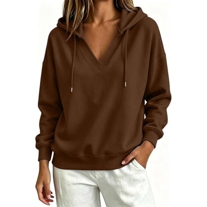 Hoodies for Women Womens Hoodies V Neck Hooded Sweatshirt Loose Drop Shoulder Long Sleeve Pullover with Pockets Daily Commute Coffee S